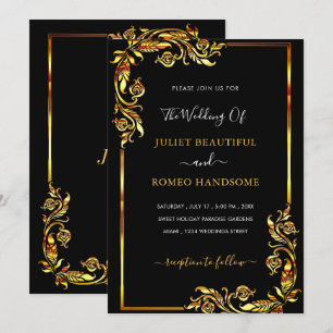 Floral Framed Golden Wedding Invitation Black Gold