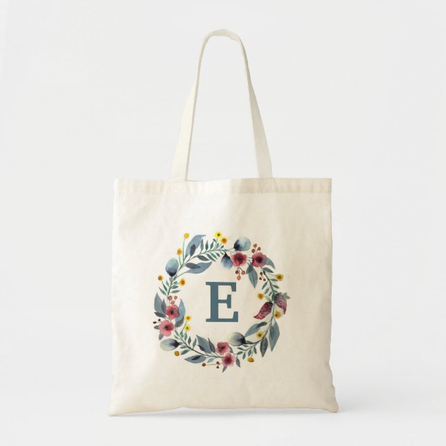 Floral Framed Monogram in Grey Blue Pink Tote Bag (Front)