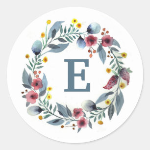 Floral Framed Monogram in Grey Blue Round Stickers