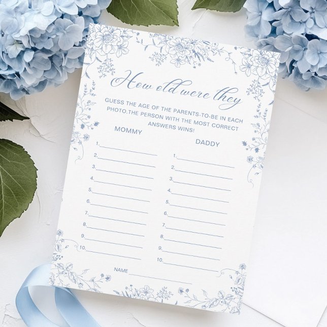 Floral French Blue Baby Shower Guess Age Game Card (Creator Uploaded)