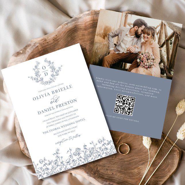 Floral French Monogram Photo Dusty Blue Wedding Invitation (Creator Uploaded)