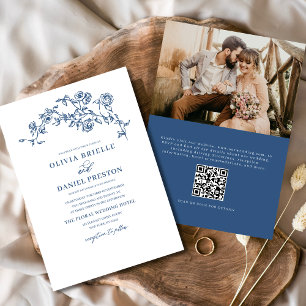 Floral French Photo QR Code Navy Blue Wedding Invitation