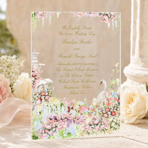 floral french romantic garden chateau swan wedding acrylic invitations