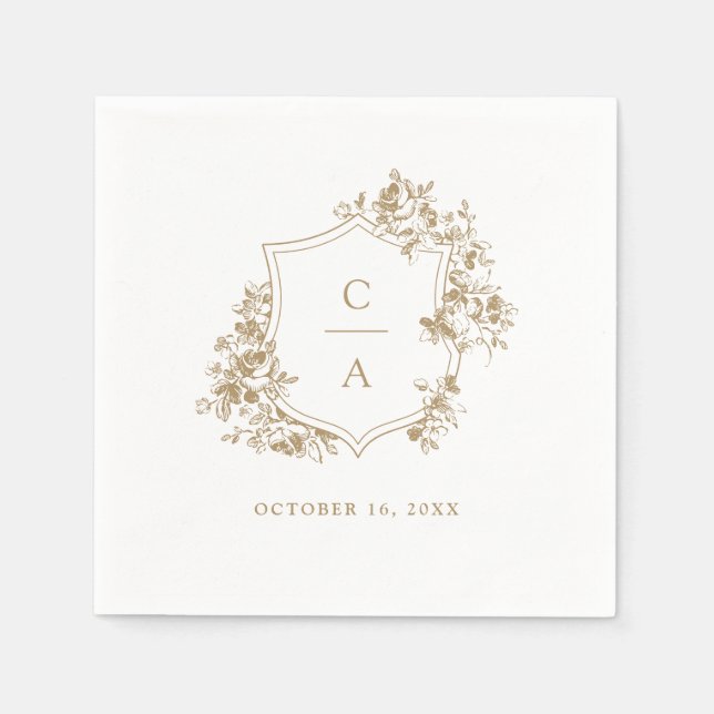 Floral French Roses Botanical Wedding Crest Napkin (Front)