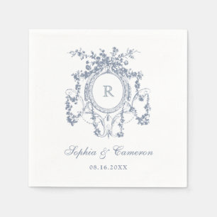 Floral French Roses Crest Vintage Wedding Blue Napkin