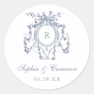 Floral French Roses Crest Wedding Monogram Classic Round Sticker