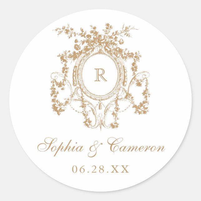 Floral French Roses Crest Wedding Monogram Classic Round Sticker (Front)