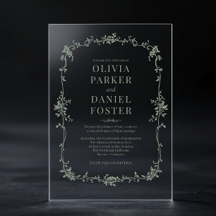 Floral French Victorian Sage Green Wedding  Acrylic Invitations