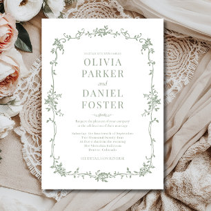 Floral French Victorian Sage Green Wedding  Invitation