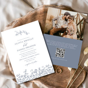 Floral French Vintage Photo Dusty Blue Wedding Invitation