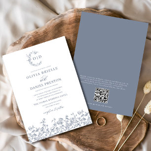 Floral French Vintage QR Code Dusty Blue Wedding Invitation
