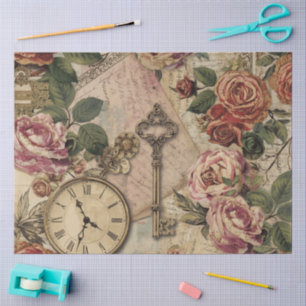 Floral French Vintage Rose with Old Letter & clock Tissue Paper