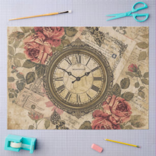 Floral French Vintage Rose with Old Letter & clock Tissue Paper