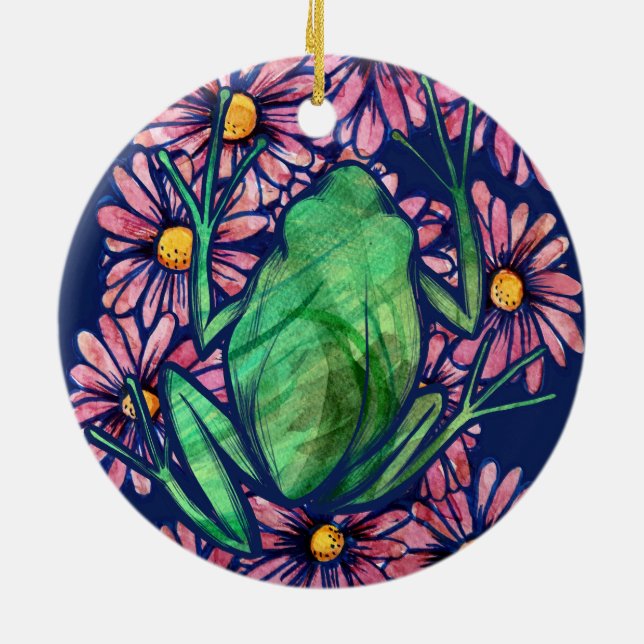 Floral Froggy Green tree Frog Art Daisy            Ceramic Tree Decoration (Back)