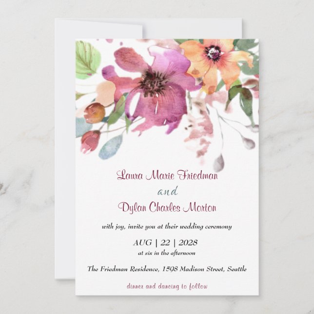 Floral, Fuchsia and Orange Flowers Invitation (Front)