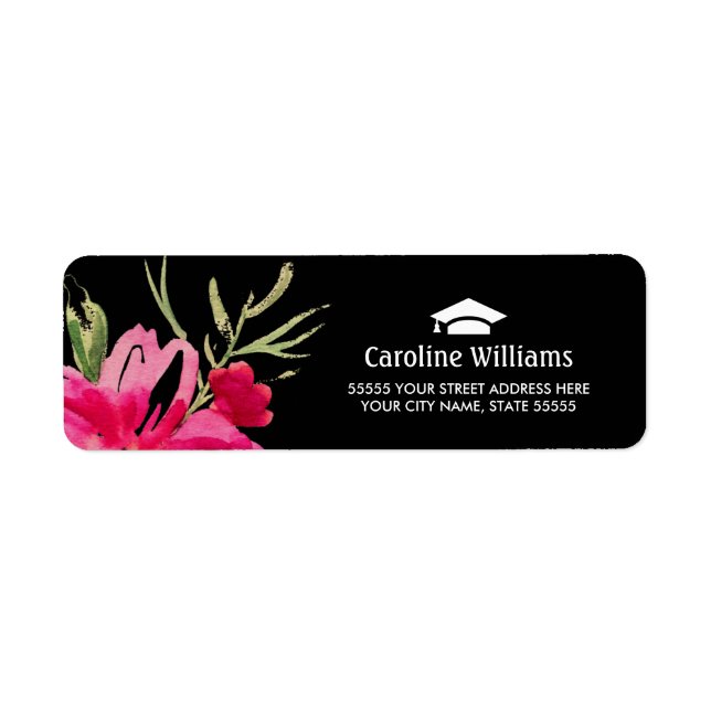 Floral Fuchsia Black Graduation Address Labels (Front)