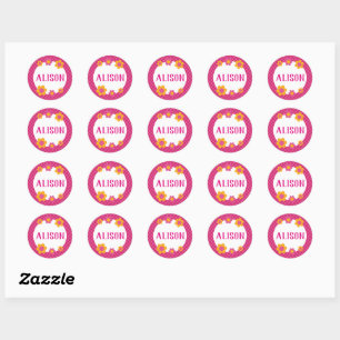 Floral fuchsia plaid girl name classic round sticker