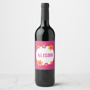 Floral fuchsia plaid girl name daisies wine label