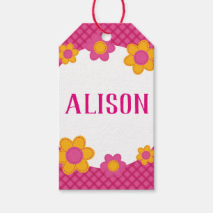 Floral fuchsia plaid girl name gift tags