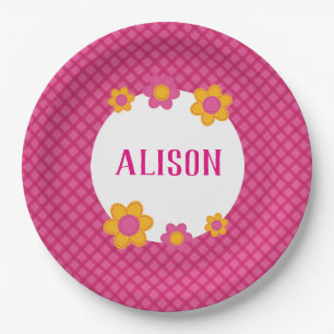 Floral fuchsia plaid girl name paper plate