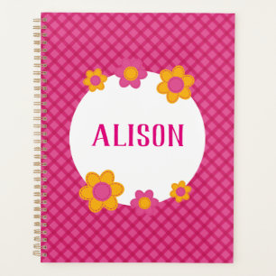 Floral fuchsia plaid girl name planner
