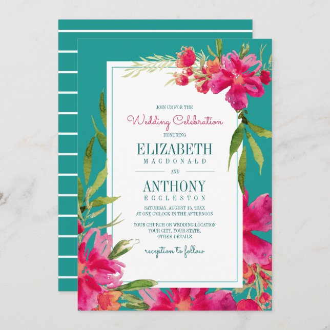 Floral Fuchsia Turquoise Watercolor Wedding Invitation (Front/Back)