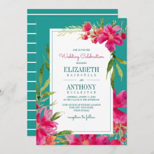 Floral Fuchsia Turquoise Watercolor Wedding Invitation