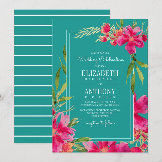 Floral Fuchsia Turquoise Watercolor Wedding Invitation (Front/Back)