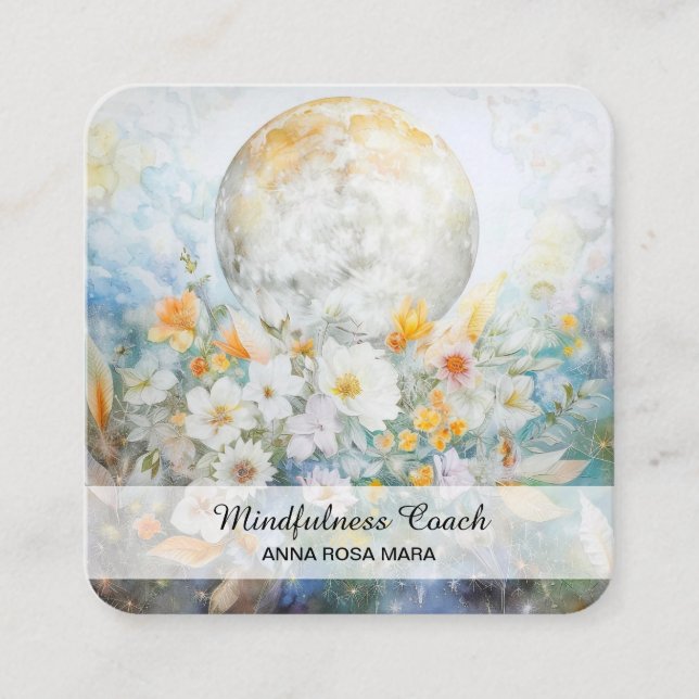 *~* Floral Full Moon Flowers Ethereal QR AP70 Square Business Card (Front)