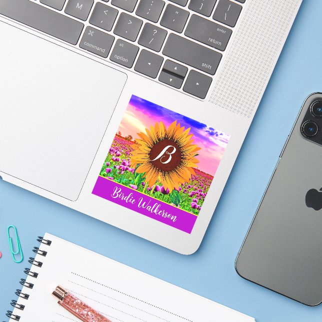 Floral Full Name Stickers (Monogrammed Sunflower)  (Laptop w/ iPhone)