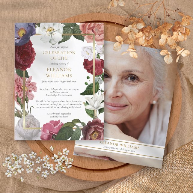 Floral Funeral Celebration of Life Photo Announcement Postcard (Floral Funeral Celebration of Life Photo Announcement Postcard)