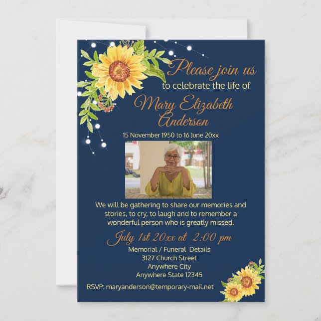 Floral Funeral Celebration of Life Photo Blue  Invitation (Front)
