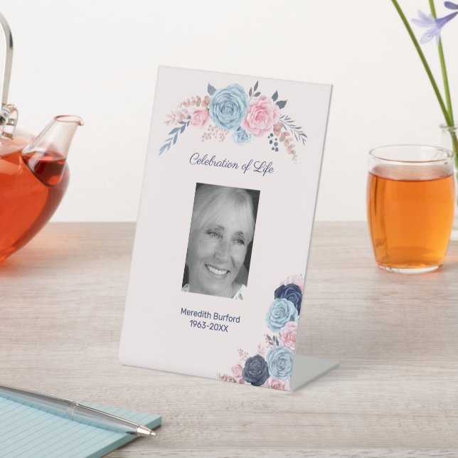 Floral Funeral Celebration of Life Photo Pedestal Sign (In SItu)