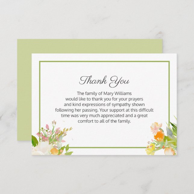 Floral Funeral Family Thank You Note Card (Front/Back)