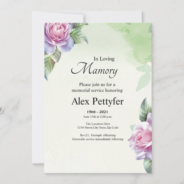 Floral Funeral Invitation & Announcement Card (Front)