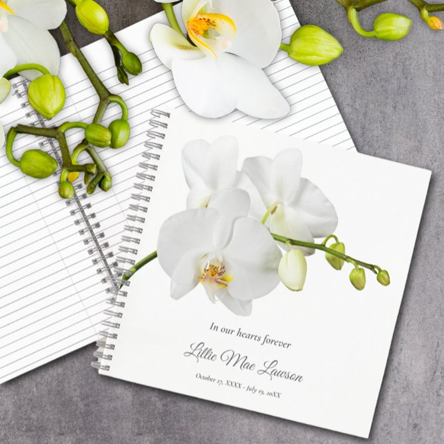 Floral Funeral Memorial Guest Book (White orchid floral funeral memorial guest book)