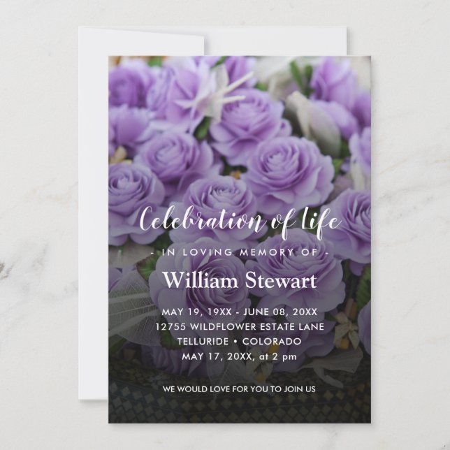 Floral Funeral | Purple Roses Celebration of Life Invitation (Front)