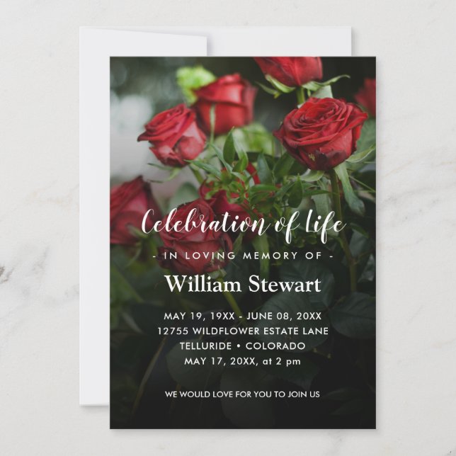 Floral Funeral | Red Roses Celebration of Life Invitation (Front)