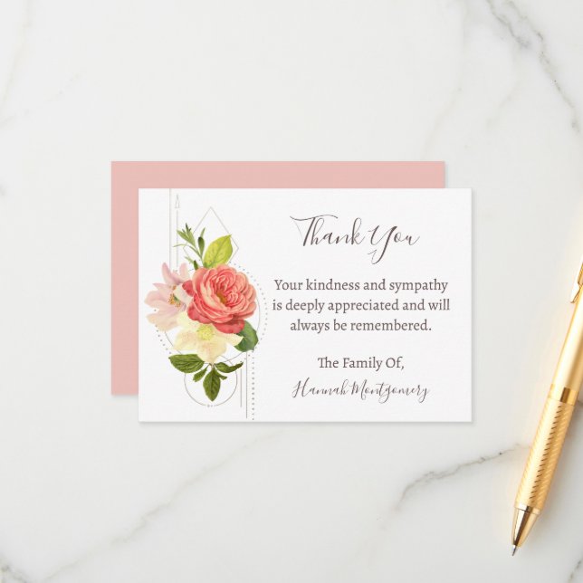 Floral Funeral Thank You Card, Sympathy Enclosure Card (Front/Back In Situ)