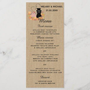 Floral funny cartoon cats in love burlap menu card
