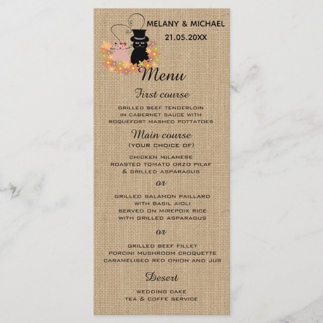 Floral funny cartoon cats in love burlap menu card (Front)