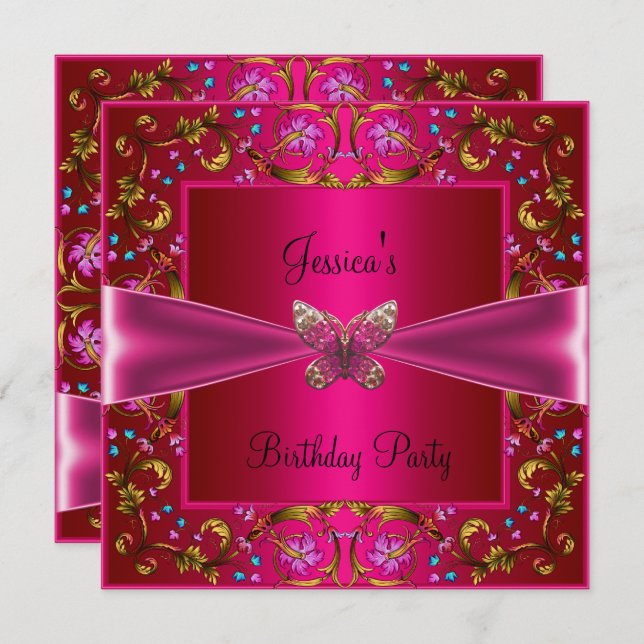 Floral Fushia Pink Butterfly Birthday Party Invitation (Front/Back)