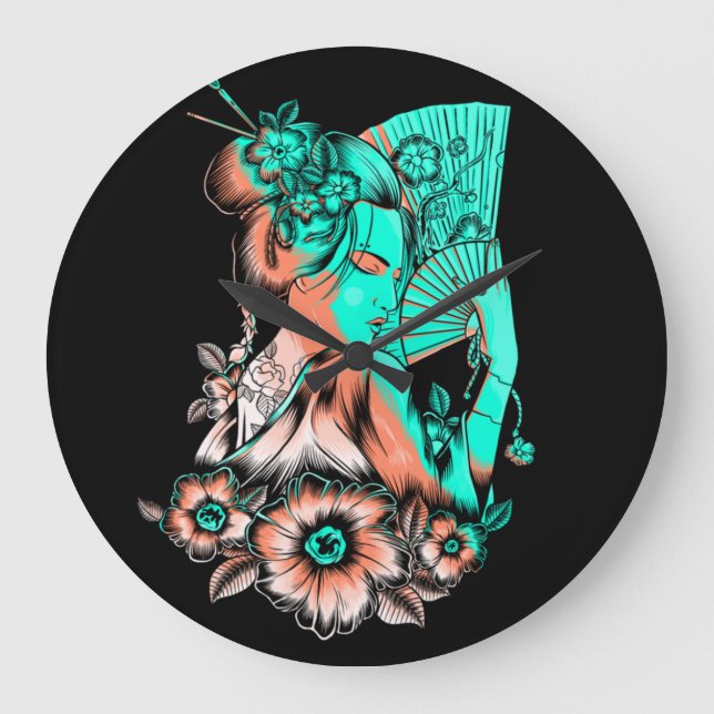 Floral Gaisha Woman illustration Large Clock (Front)