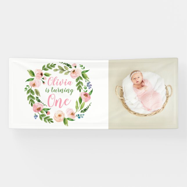 Floral Garden 1st Birthday Girl Photo Banner (Horizontal)
