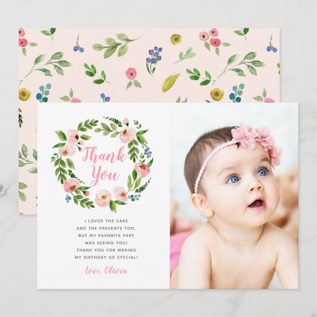 Floral Garden 1st Birthday Photo Thank You Cards (Front/Back)