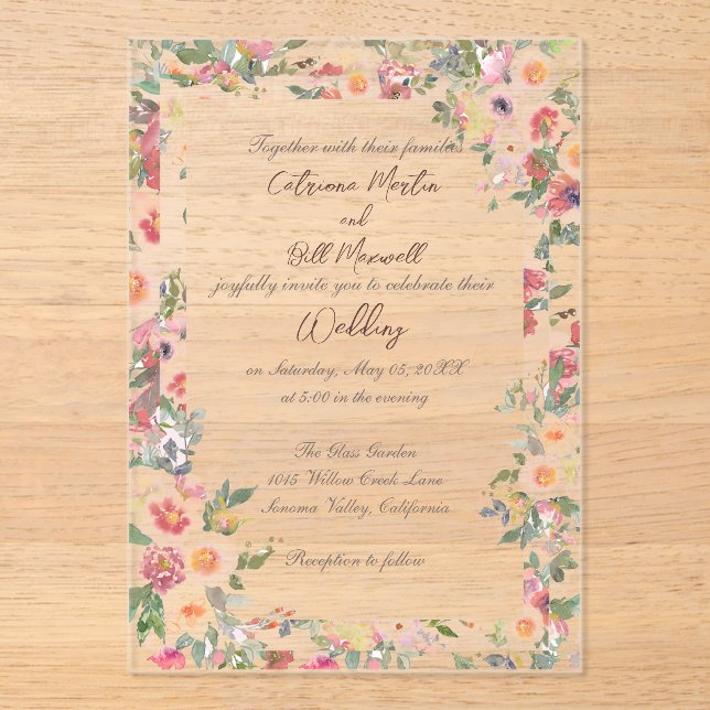 Floral Garden Acrylic Clear Wedding Invitation (Front)