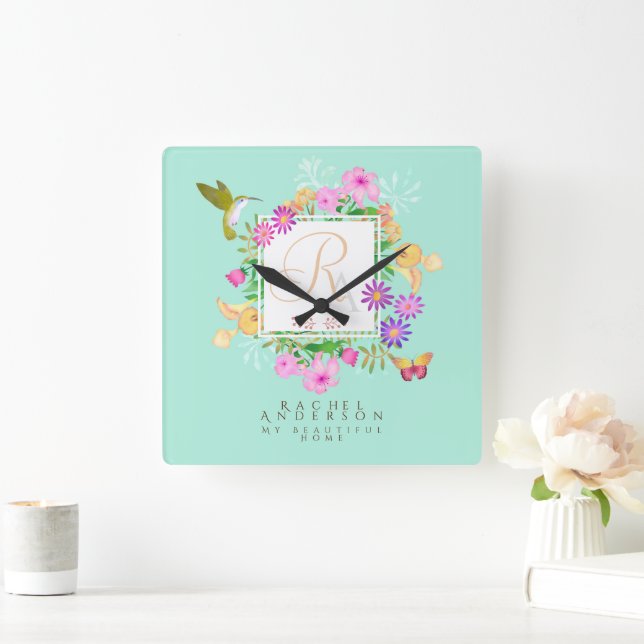 Floral Garden Aqua Monogram  Square Wall Clock (Home)