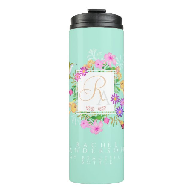 Floral Garden Aqua Monogram  Thermal Tumbler (Front)