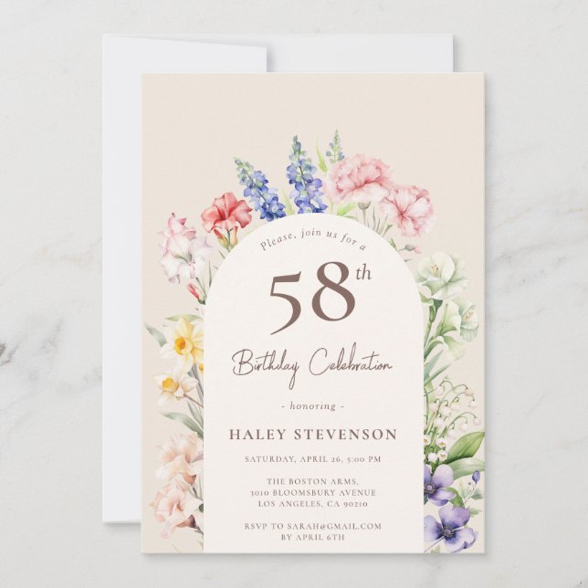 Floral Garden Arch Whimsical Beige 58th Birthday Invitation (Front)