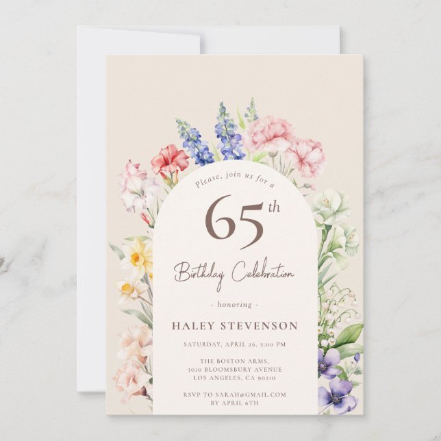 Floral Garden Arch Whimsical Beige 65th Birthday Invitation (Front)